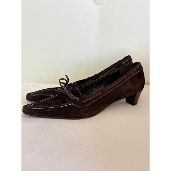 Unisa Suede Loafer Heels 9.5 39.5 Dark Brown Pumps 90s Y2K Stitch Academia Prep - Picture 2 of 8